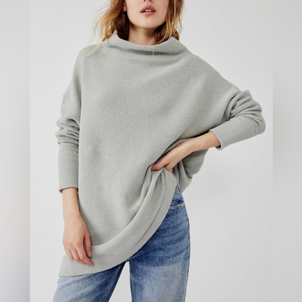 Free People Slouchy Tunic Ribbed Funnel Neck Ottoman Sweater in Silver Grey Ice